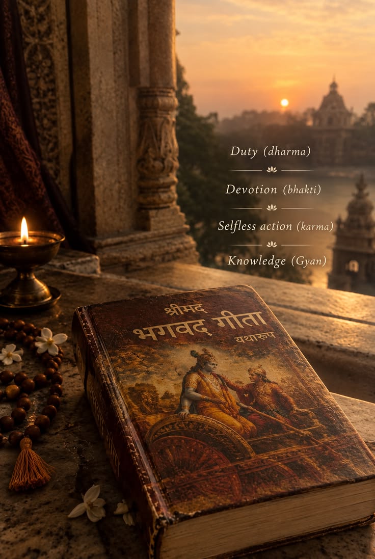 Bhagavad Gita beside a glowing diya overlooking a temple at sunrise