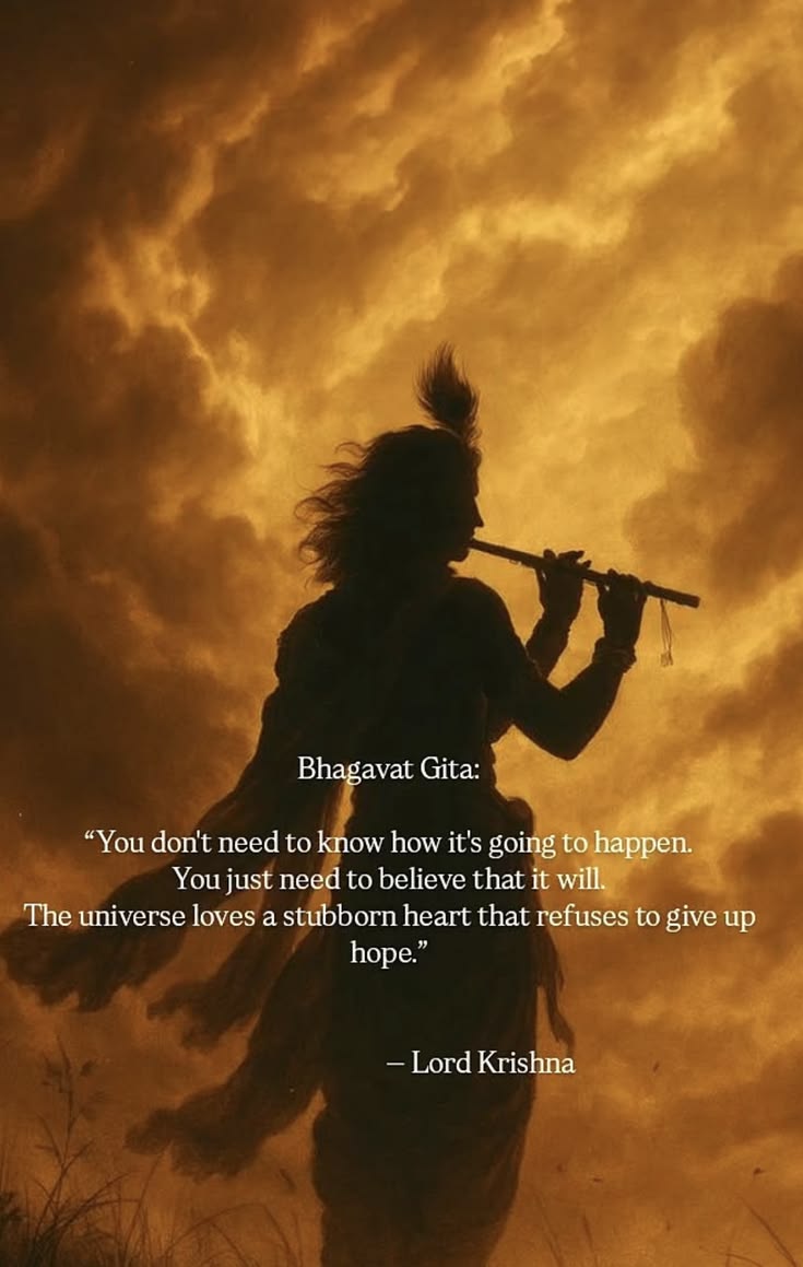 Krishna’s silhouette playing a flute beneath an amber sky